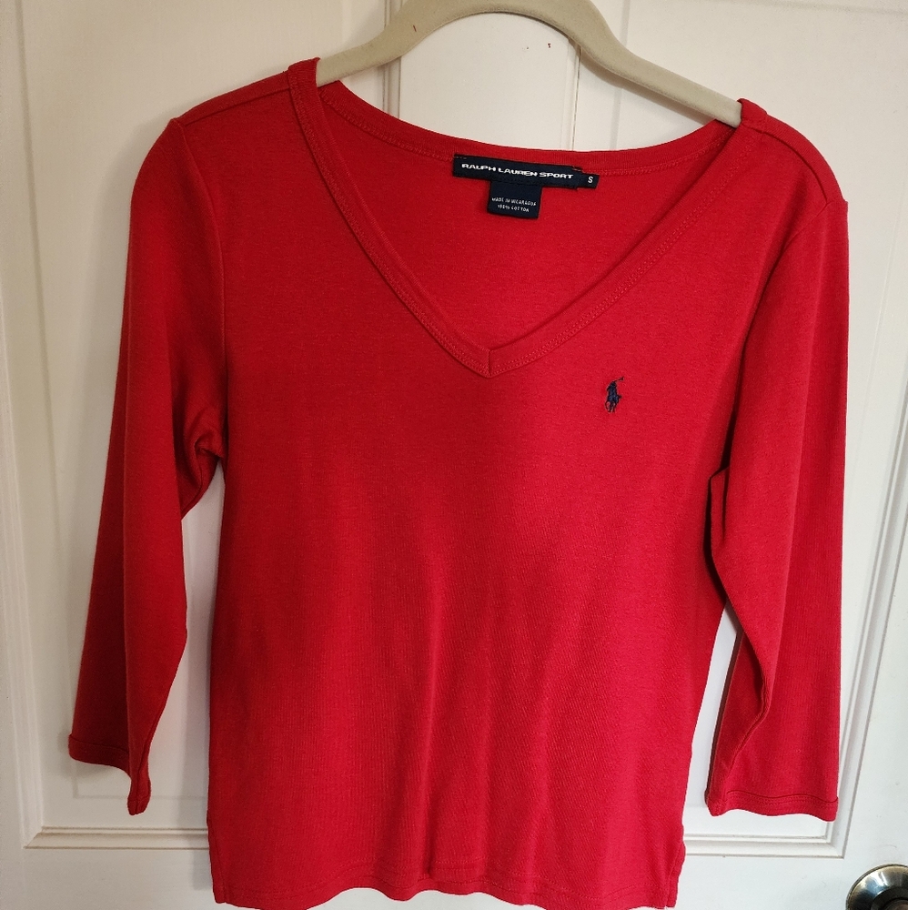 Ralph Lauren Sport Women's 3/4 Sleeve Shirt V-Neck Size Small RED